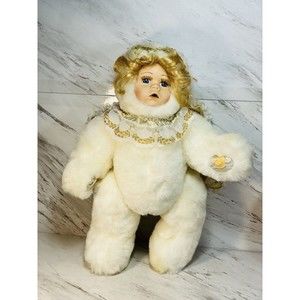 Vintage Wondertreats 16" ANGEL Plush Doll Jointed W/ Gold Wings Porcelain Face